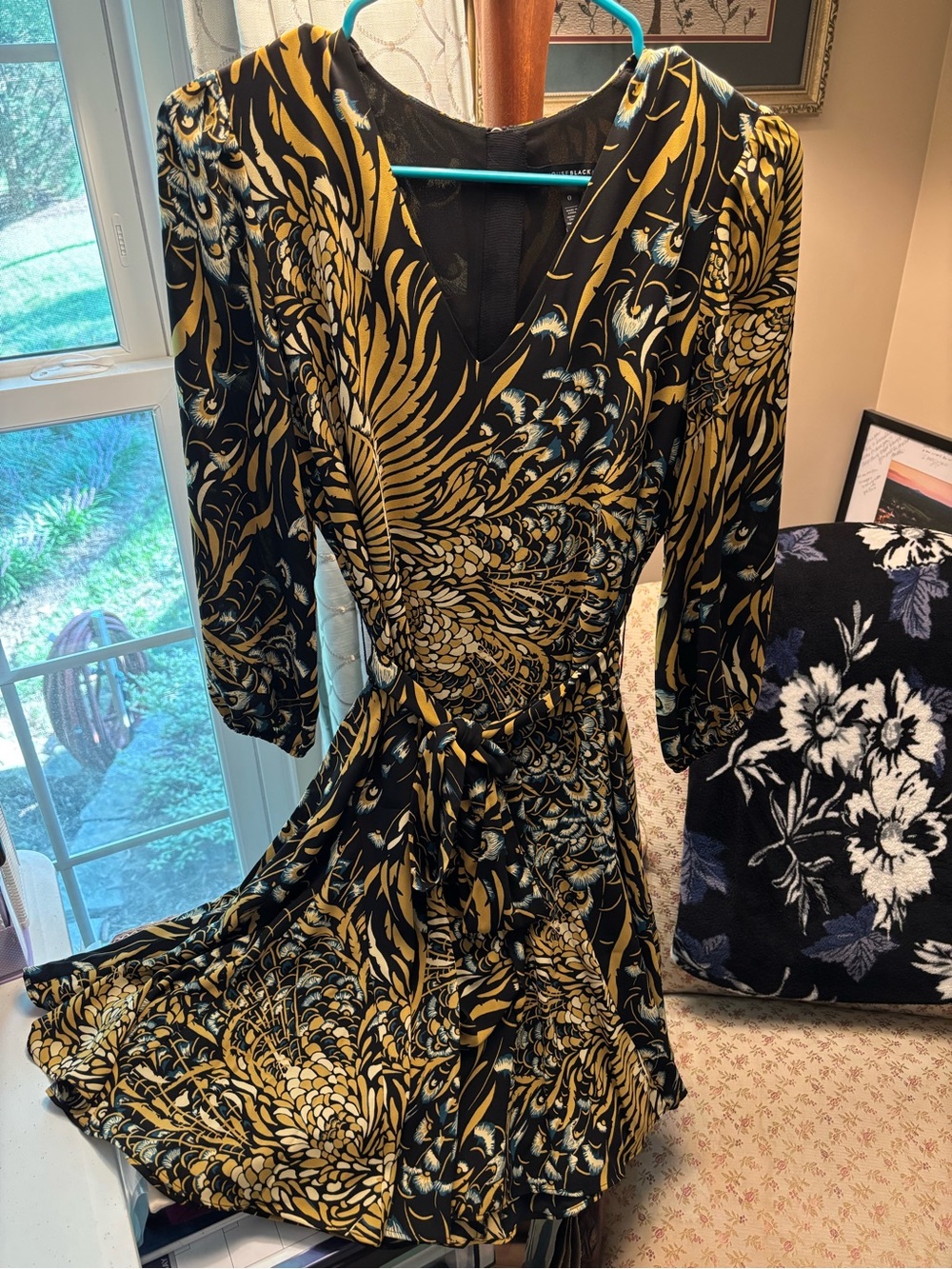 White House Black Market Black and Gold Peacock Feather Design Dress